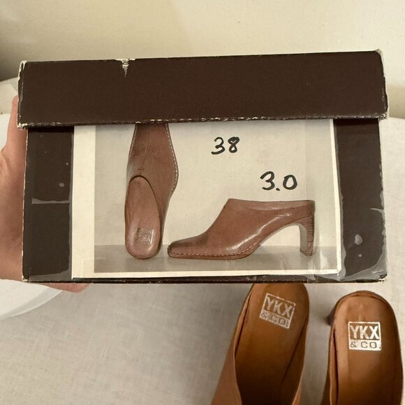 YKX and Co Brown Leather Square Toe Heeled Mules Size 7.5 Shoes - Picture 11 of 12